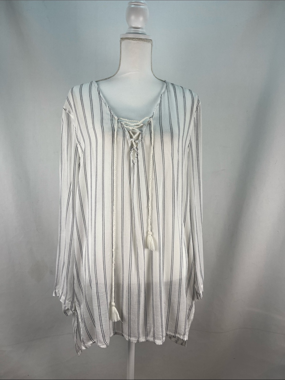 Billabong Same Story Striped Beach Coverup Tunic Women's L EUC Lace Up Boho